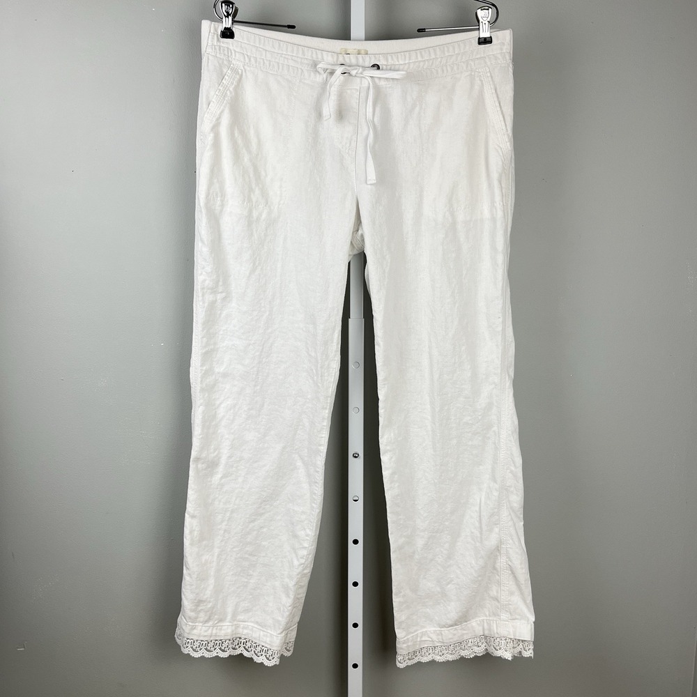 Per Se Linen Blend Pants Womens L White Pull On Wide Leg Eyelet Trim Lagenlook‎